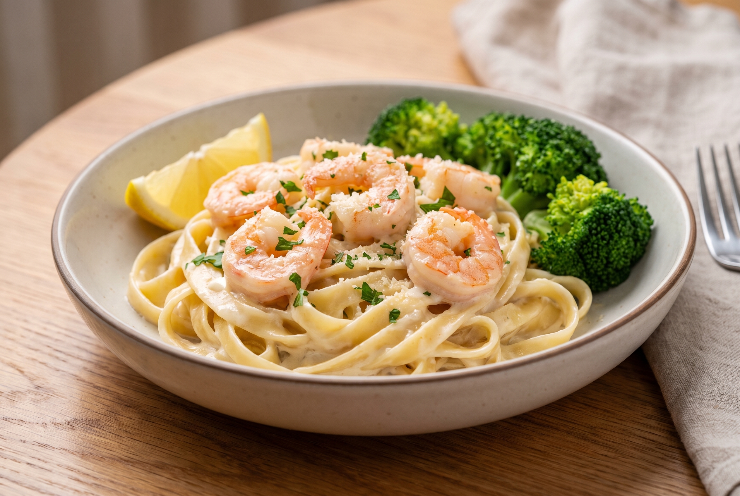 Creamy Garlic Shrimp Alfredo Pasta in a shallow ceramic bowl