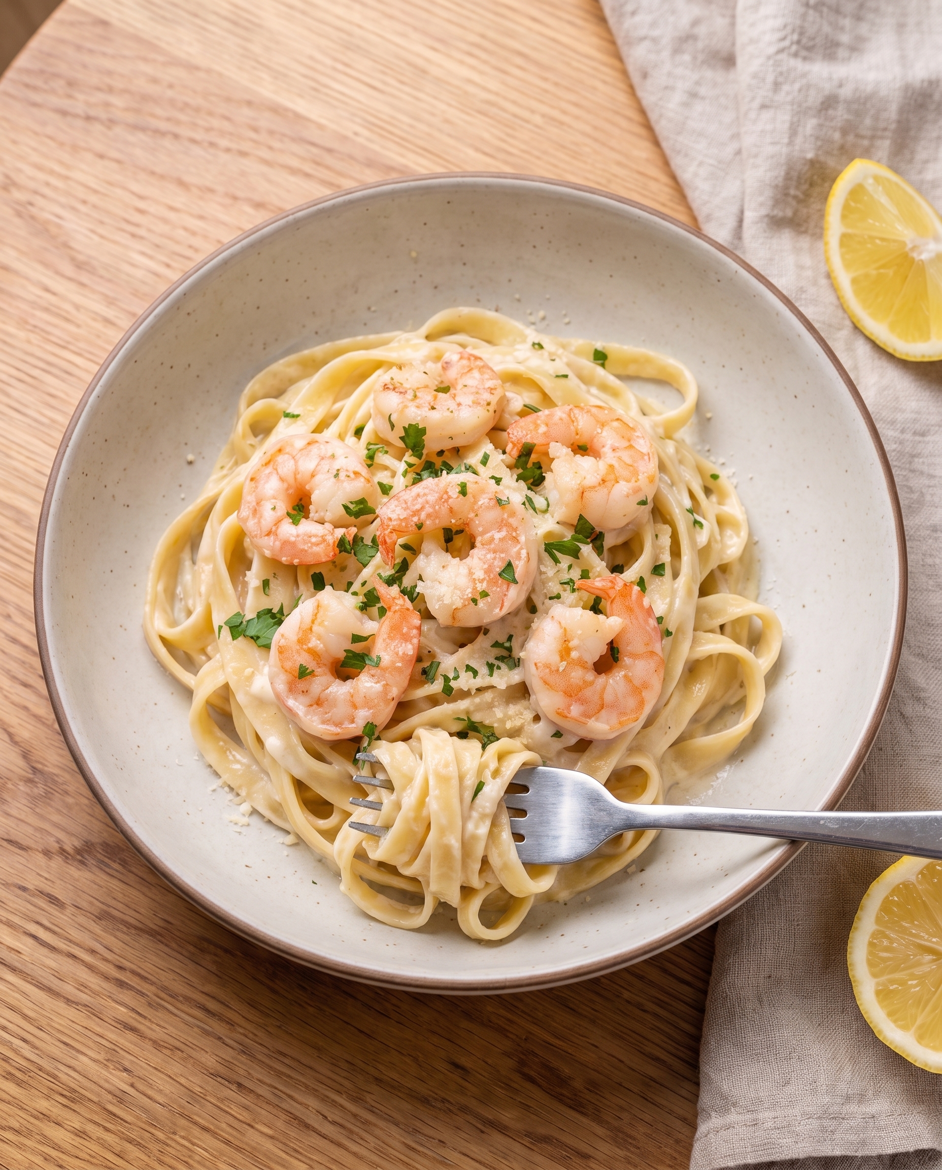 Overhead view of creamy shrimp alfredo with a fork twirled in the pasta