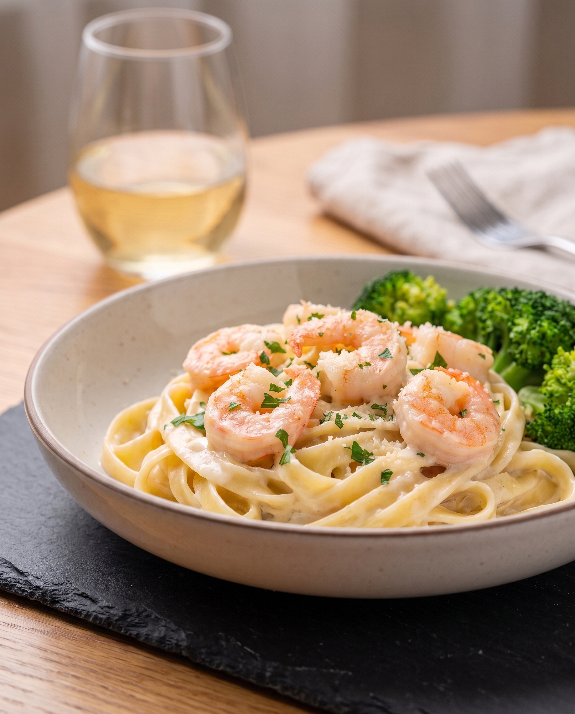Side angle of creamy garlic shrimp alfredo with broccoli and wine