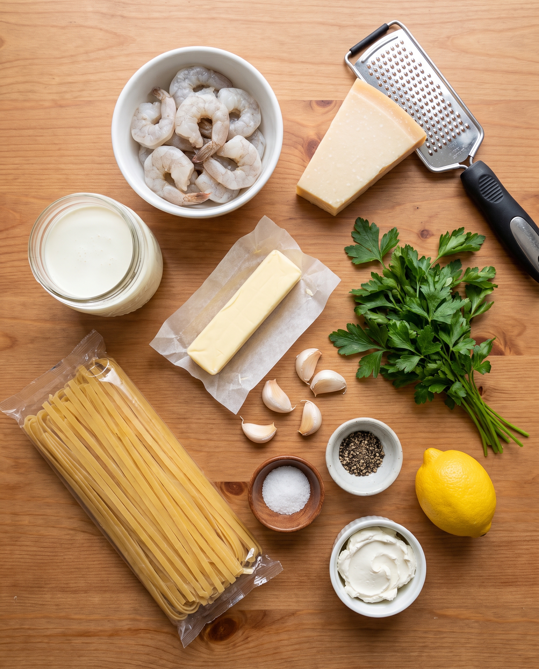 Flat-lay of ingredients for shrimp alfredo on a wooden table