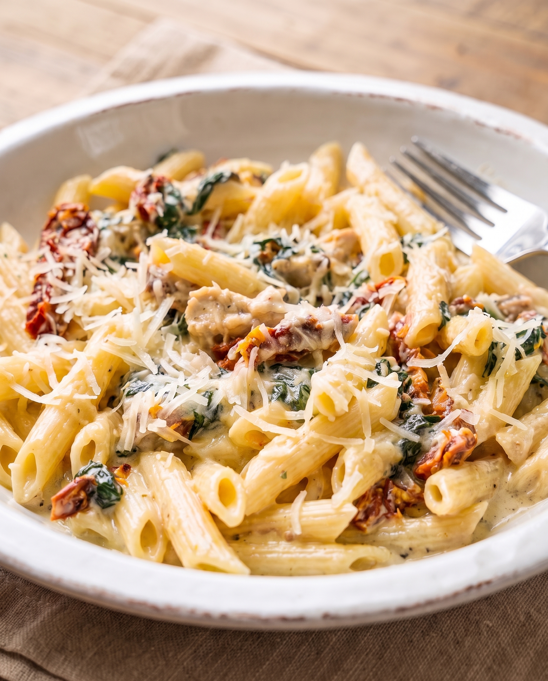 Creamy garlic turkey pasta in a stoneware bowl