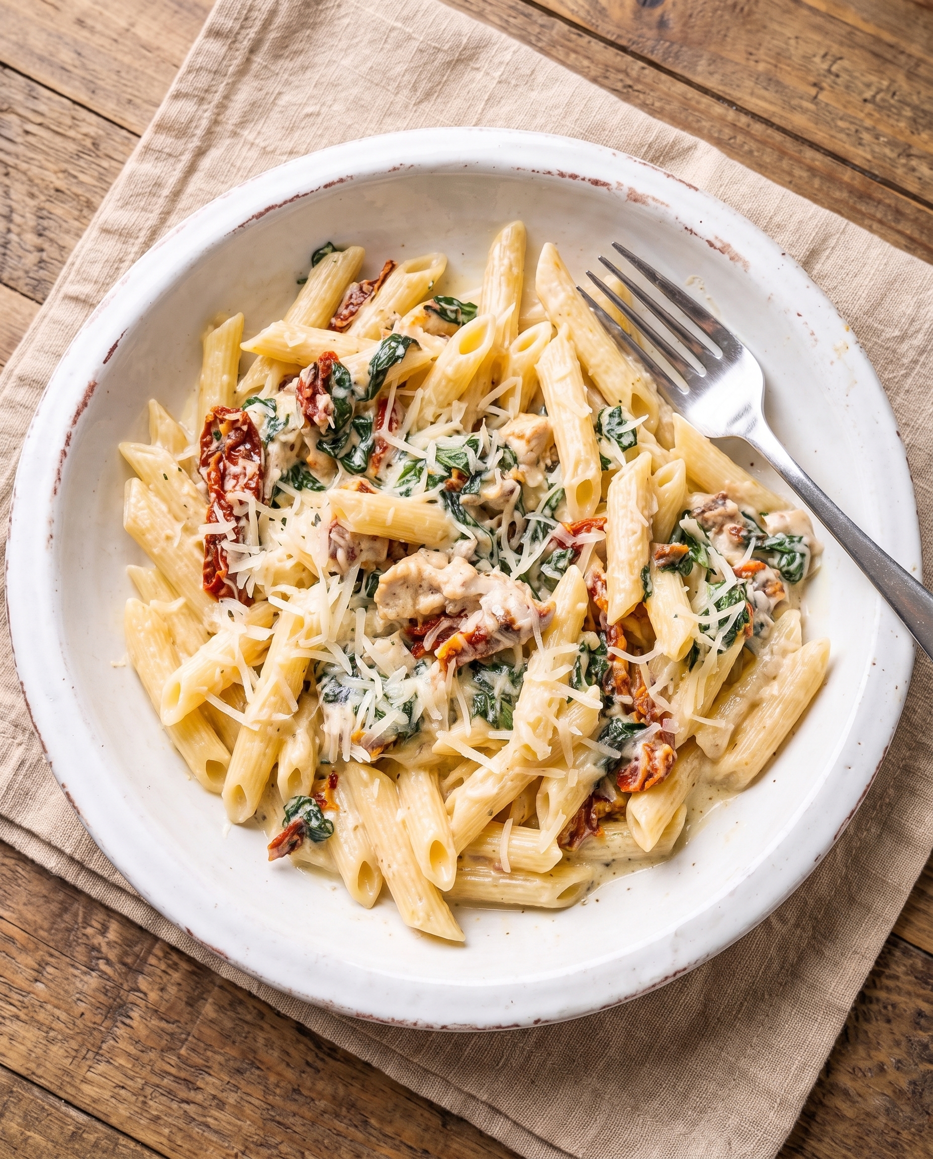 Top-down view of creamy garlic turkey pasta