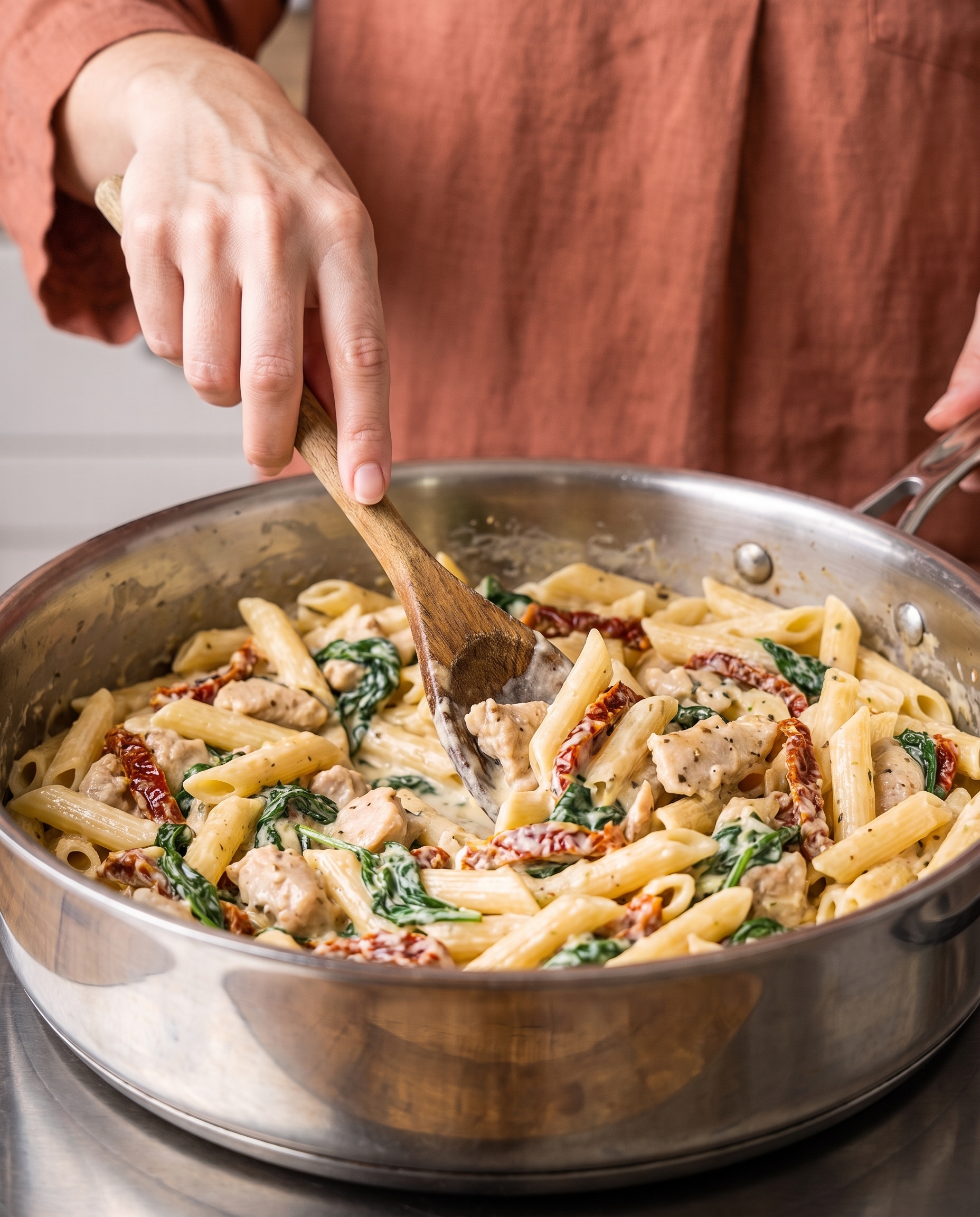 Stirring creamy garlic turkey pasta in the skillet