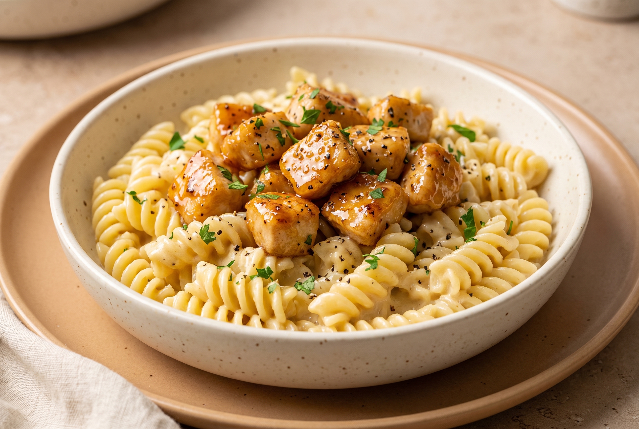 Creamy honey garlic chicken pasta in a ceramic bowl