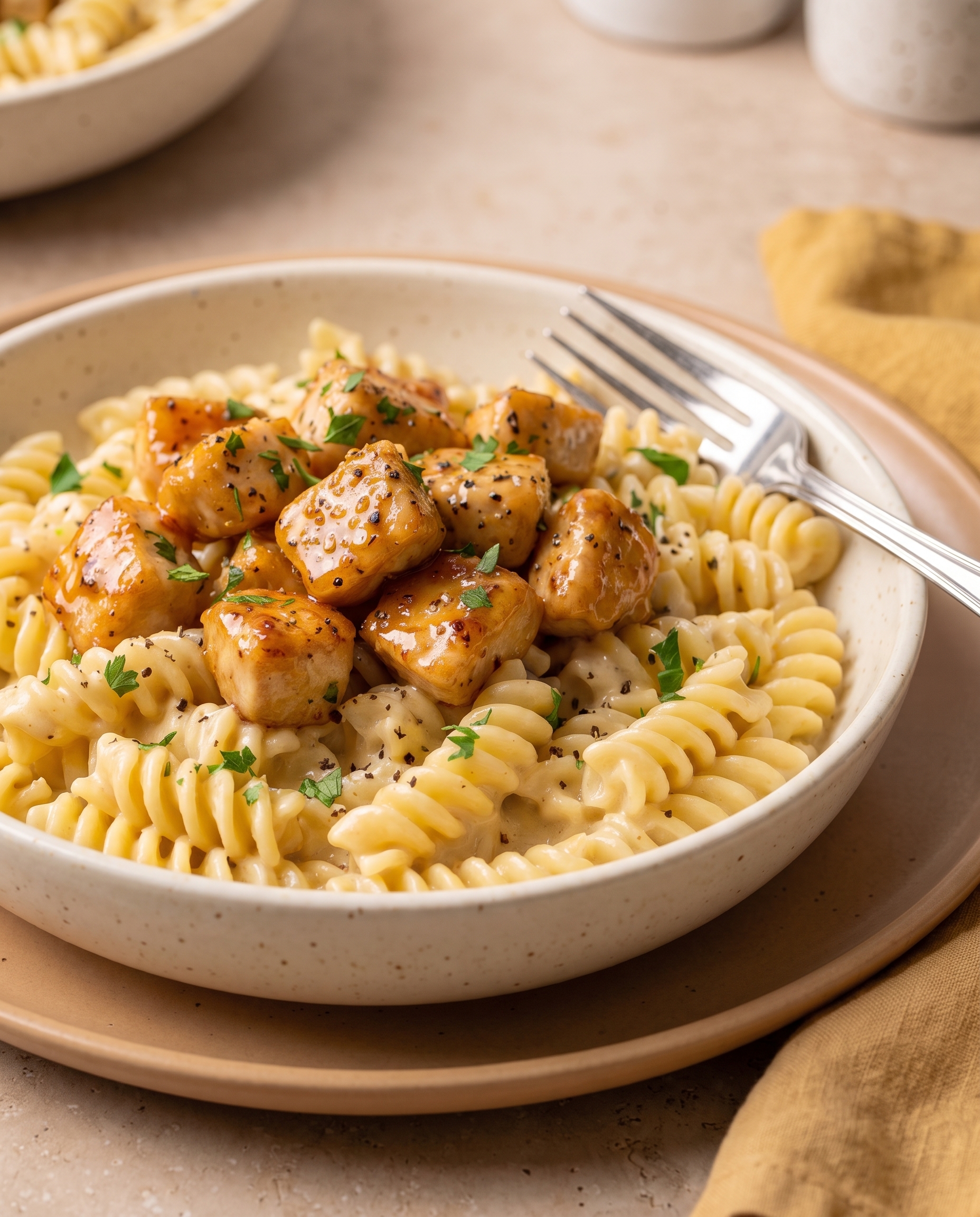 Side angle of the creamy honey garlic chicken pasta on a ceramic plate