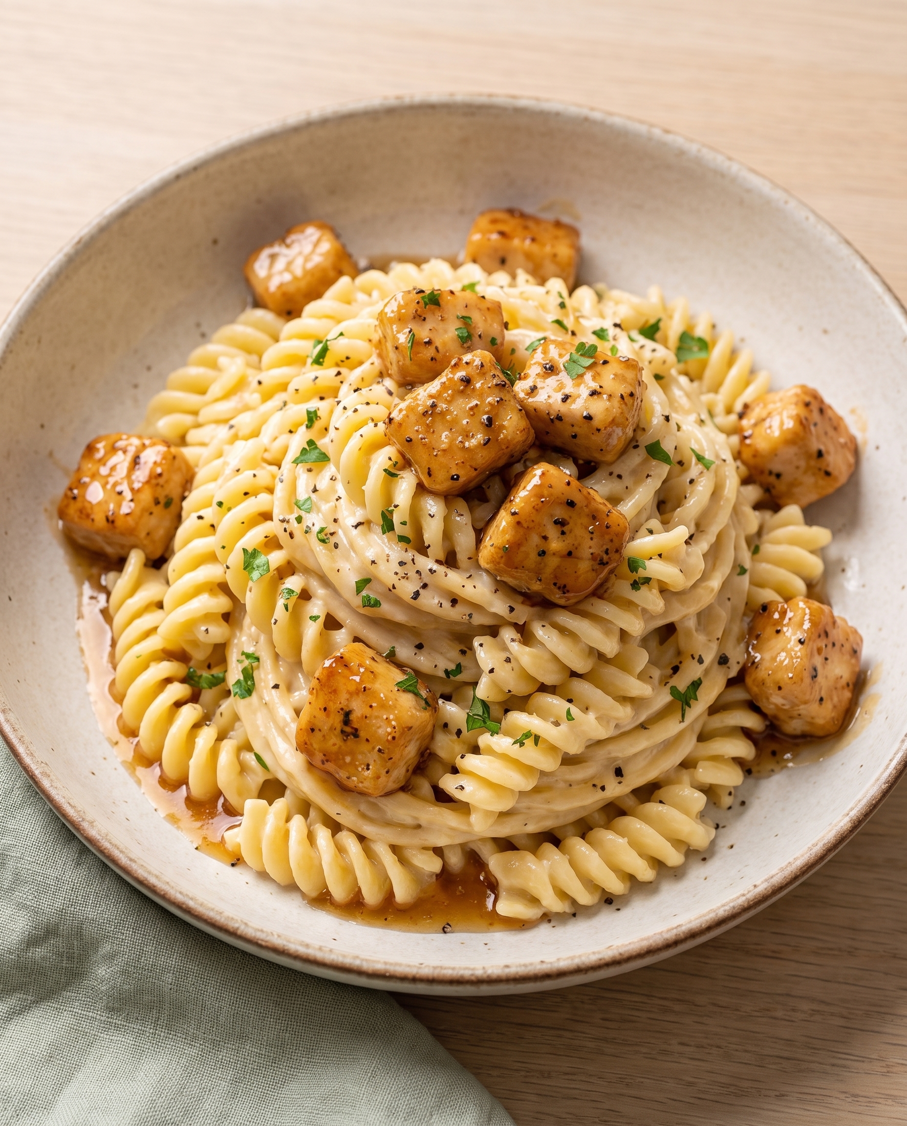 Overhead view of creamy honey garlic chicken pasta in a rustic bowl