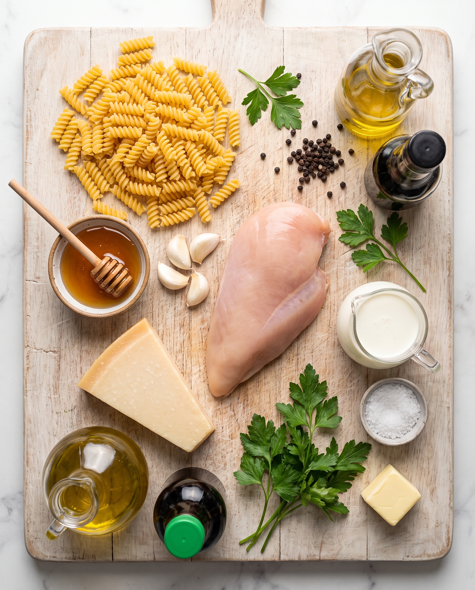 Ingredients for creamy honey garlic chicken pasta arranged on a wood surface