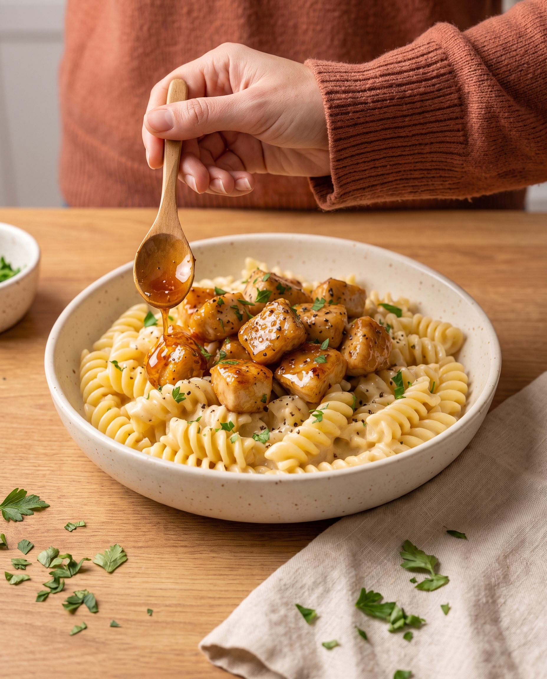 Drizzling honey garlic glaze over the chicken pasta