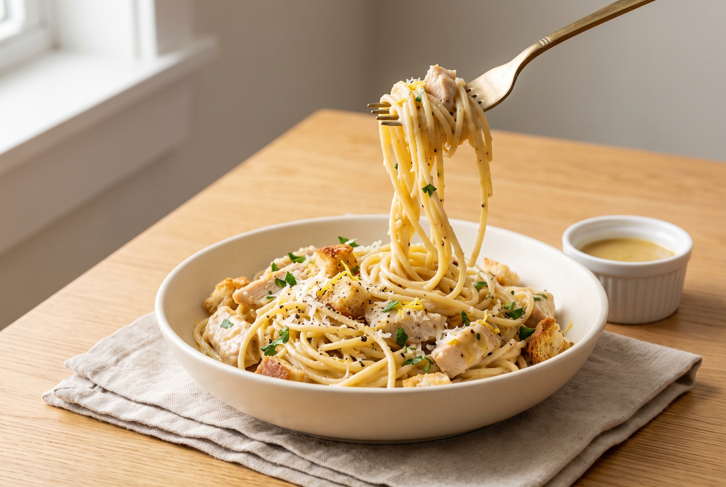 Creamy honey mustard chicken pasta twirled on a brass fork over a cream ceramic bowl