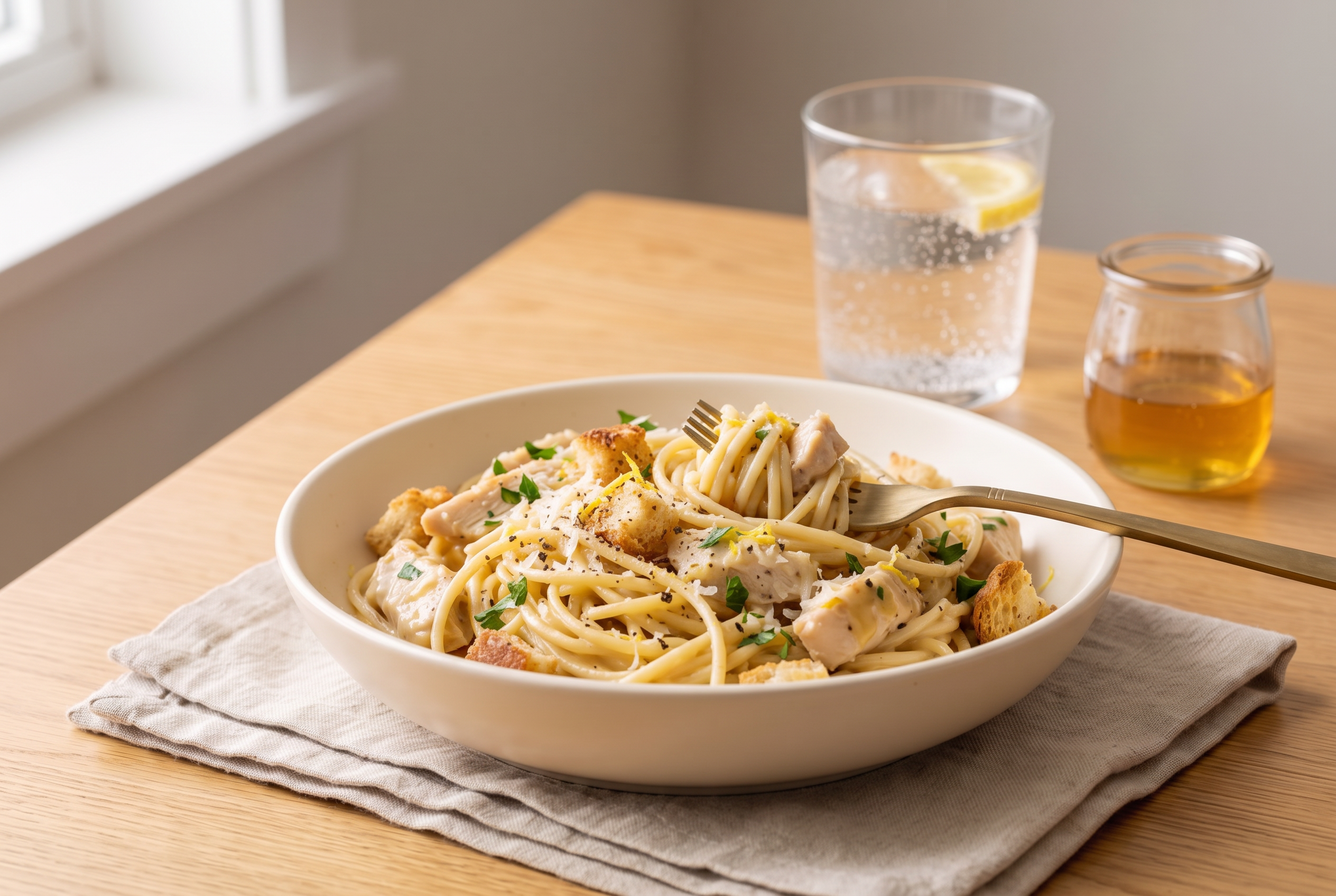 Creamy honey mustard chicken pasta in a cream ceramic bowl with brass fork and sparkling water