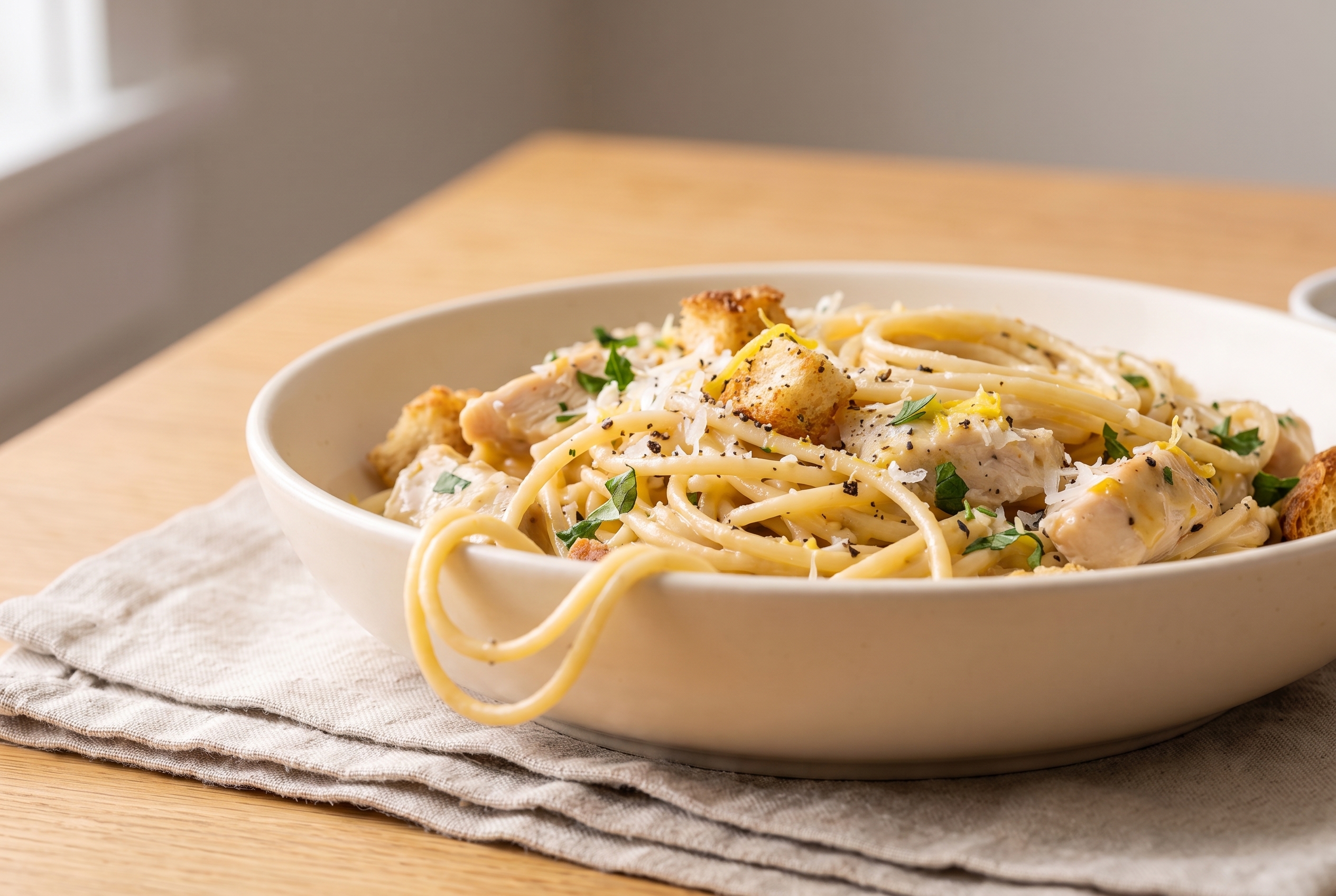 Creamy honey mustard chicken pasta in a low side view with strands draping over the bowl