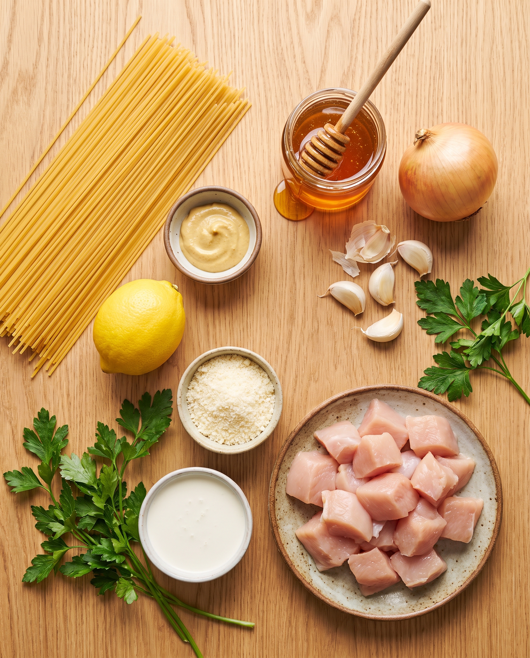 Ingredients for creamy honey mustard chicken pasta laid out on a warm wood table