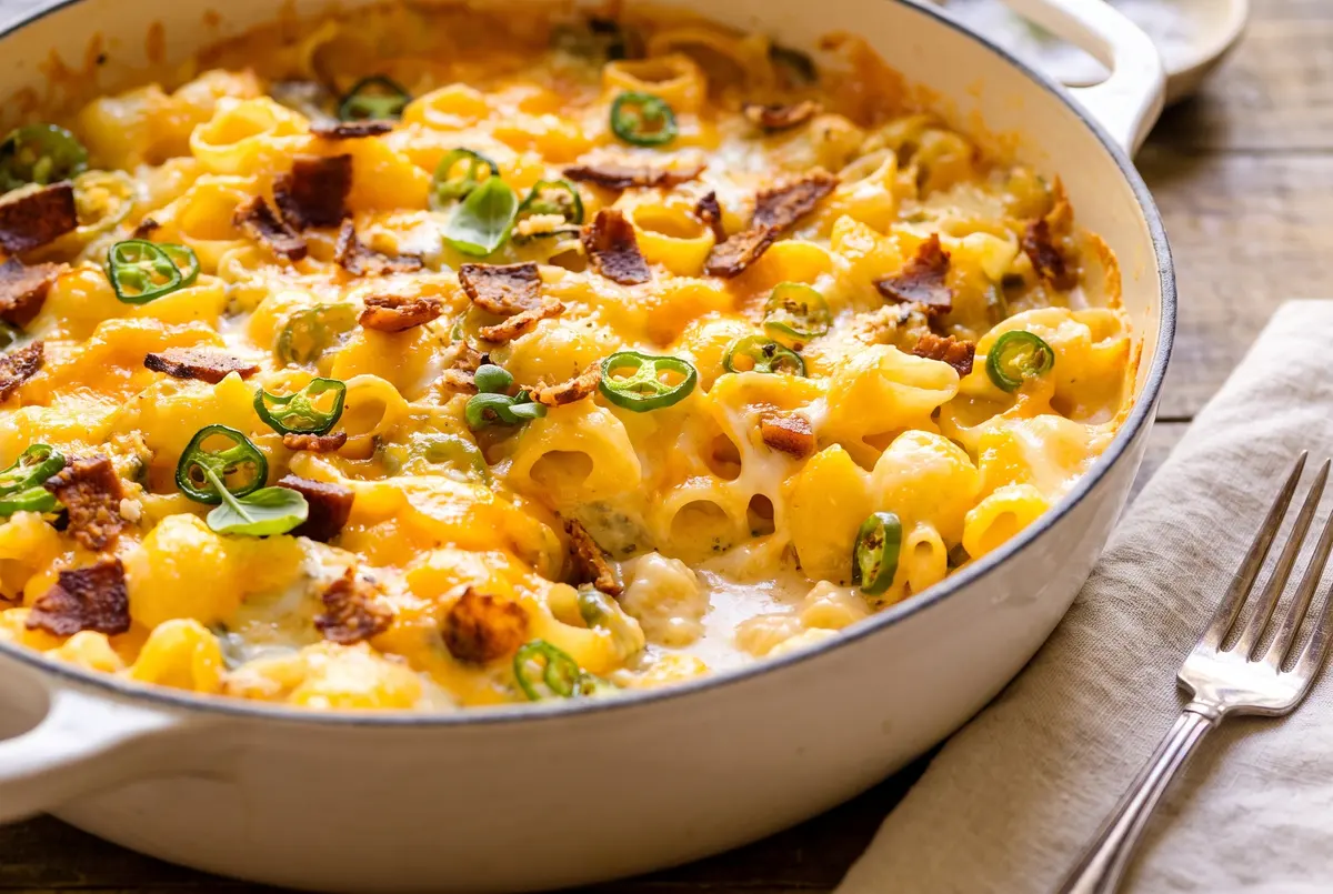 Creamy jalapeño popper mac and cheese in a ceramic baking dish topped with bacon, jalapeño slices and toasted panko breadcrumbs