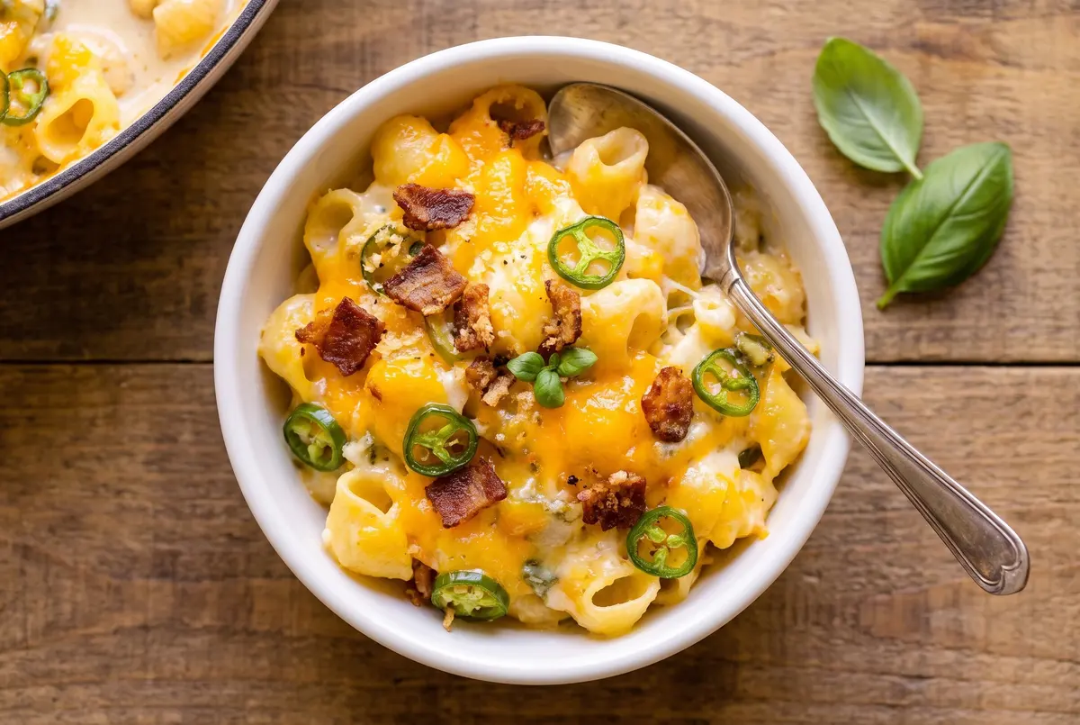 Overhead view of a single serving of creamy jalapeño popper mac and cheese in a small bowl with a spoon
