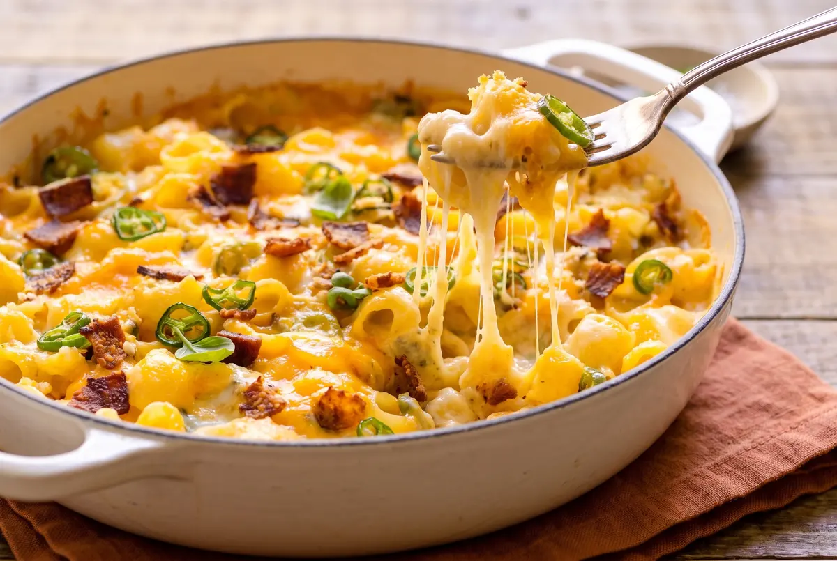 Close-up side view of cheesy stretchy forkful of jalapeño popper mac and cheese lifted from the baking dish