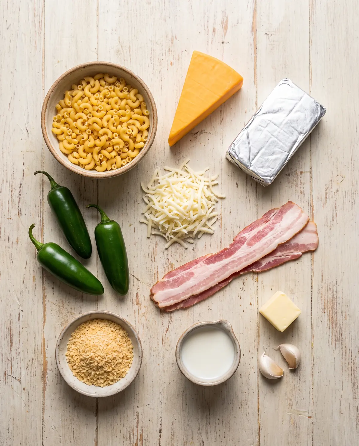 Top-down flat lay of mac and cheese ingredients on a wooden table: pasta, cheddar, cream cheese, jalapeños, bacon, panko, milk, butter, garlic