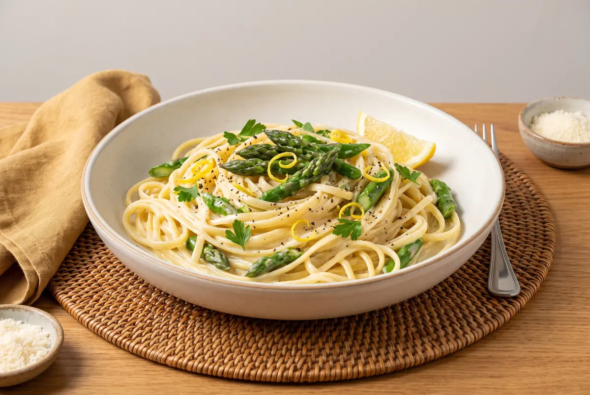 Creamy lemon asparagus pasta in a wide shallow bowl