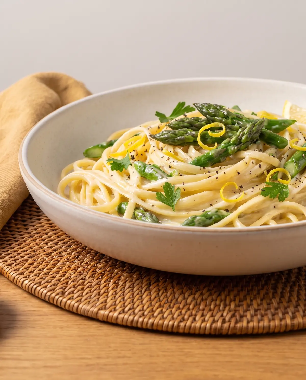 A wide shallow serving bowl of creamy lemon asparagus pasta on a woven placemat