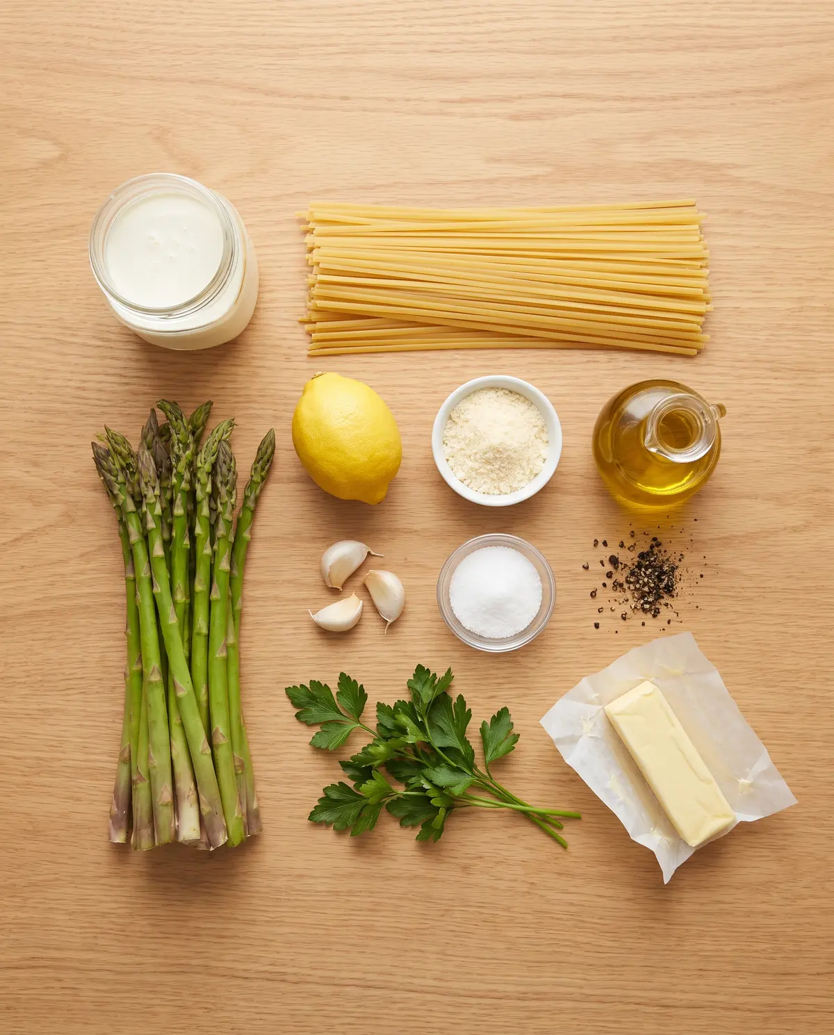Ingredients for creamy lemon asparagus pasta laid out on a warm wood table