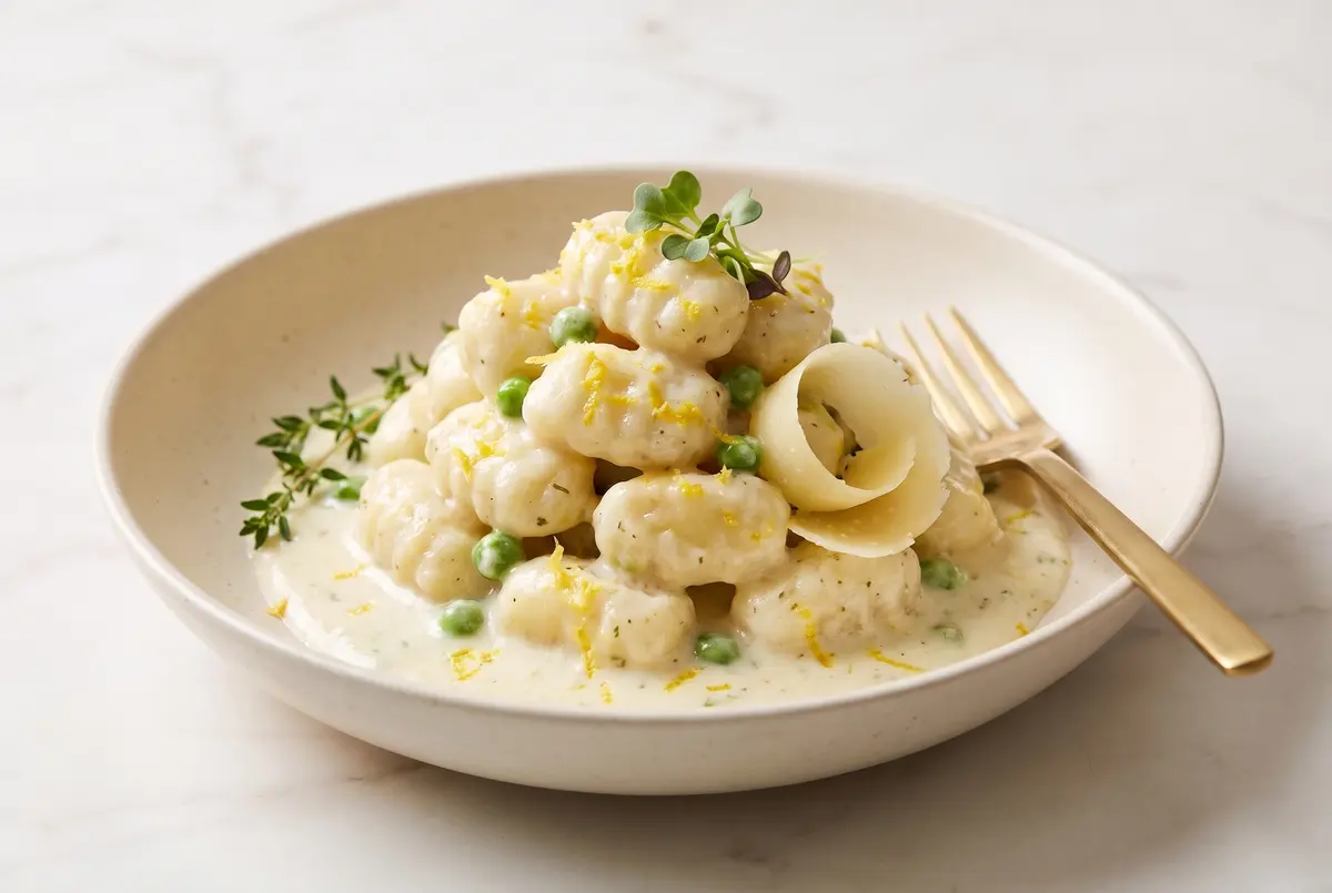 Creamy lemon ricotta gnocchi in a cream stoneware bowl, topped with lemon zest, microgreens, and a brass fork