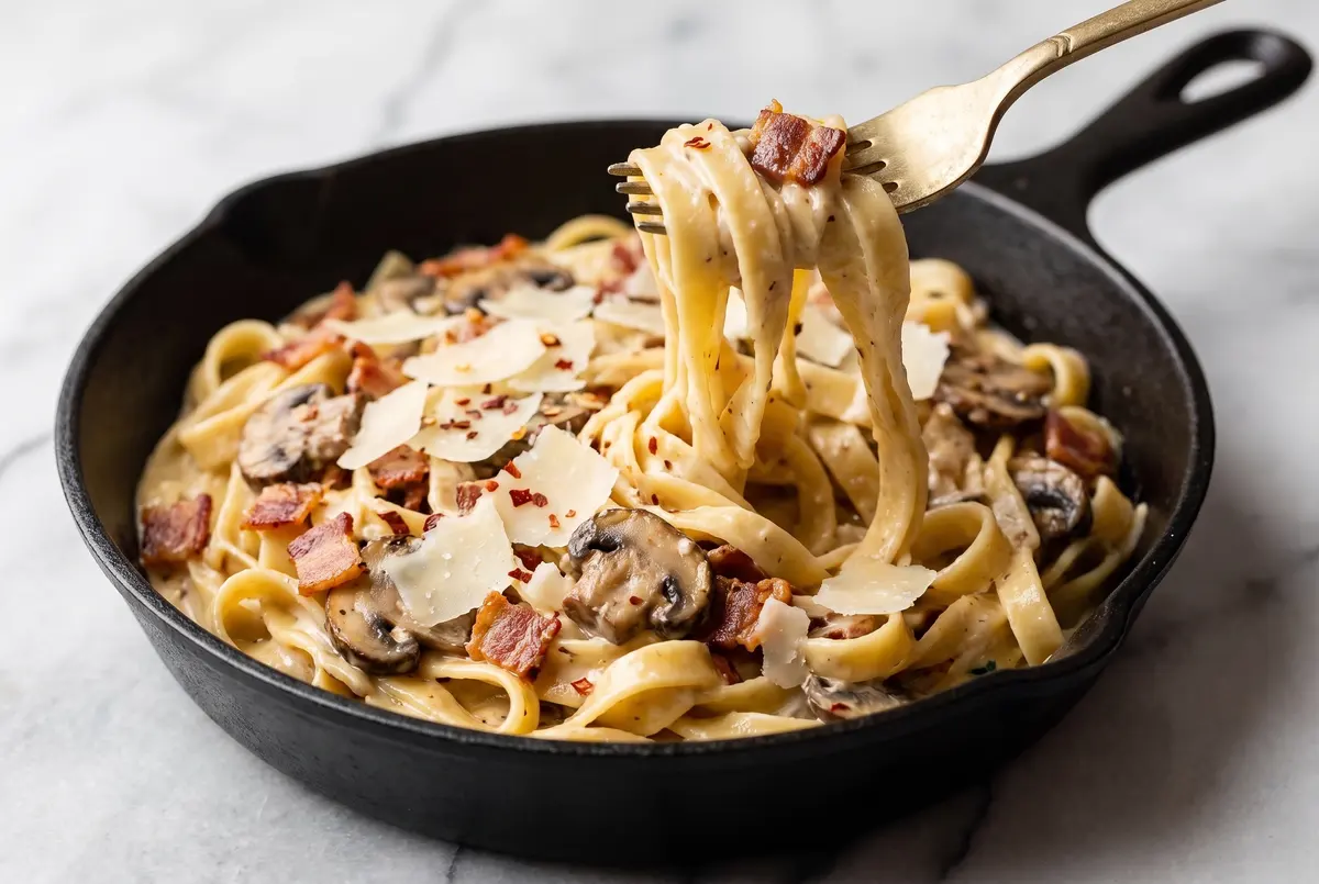Creamy mushroom and bacon tagliatelle in a black cast iron skillet with shaved parmesan and a pinch of red pepper flakes