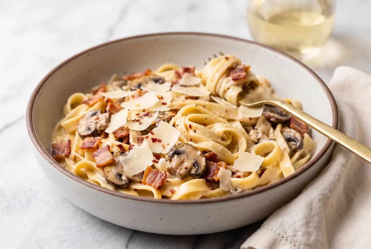 Creamy mushroom and bacon pasta served in a deep pasta bowl on a marble surface with a linen napkin