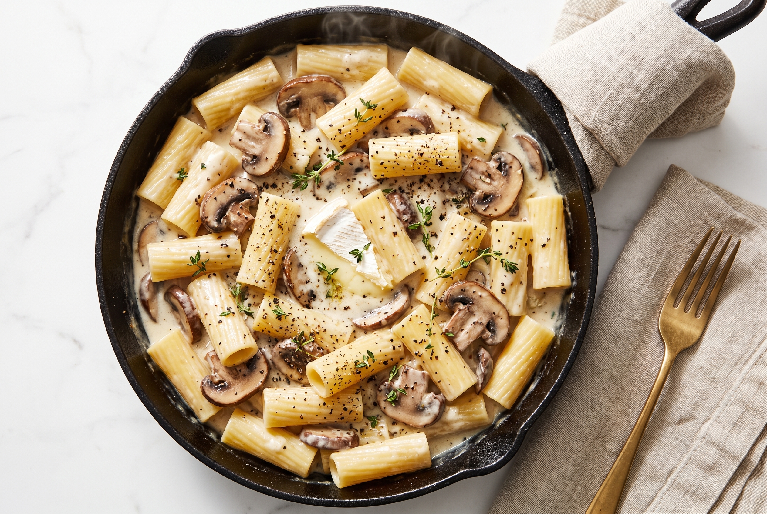 Creamy mushroom and brie rigatoni in a black cast iron skillet with thyme and a wedge of melting brie on top