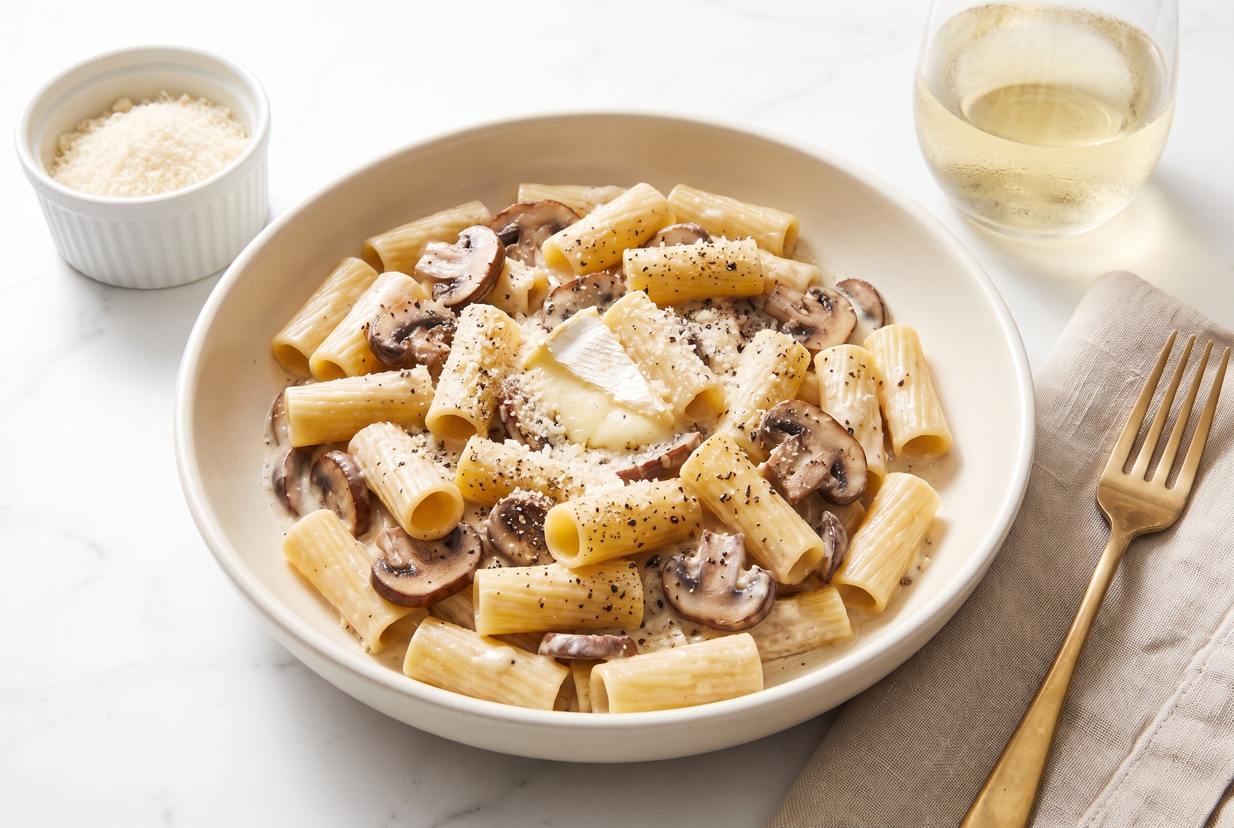 Creamy mushroom and brie rigatoni served in a cream ceramic bowl with a glass of white wine