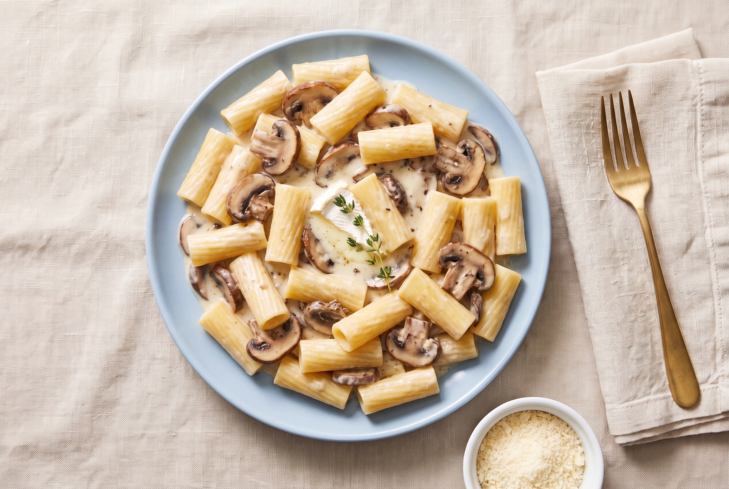 Overhead view of creamy mushroom and brie rigatoni on a pale blue plate with linen napkin and brass fork
