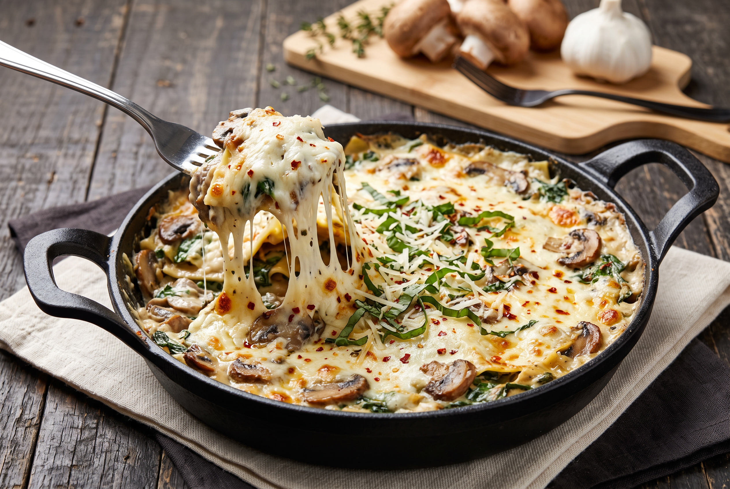 Creamy mushroom and spinach lasagna in cast iron skillet with cheese pull