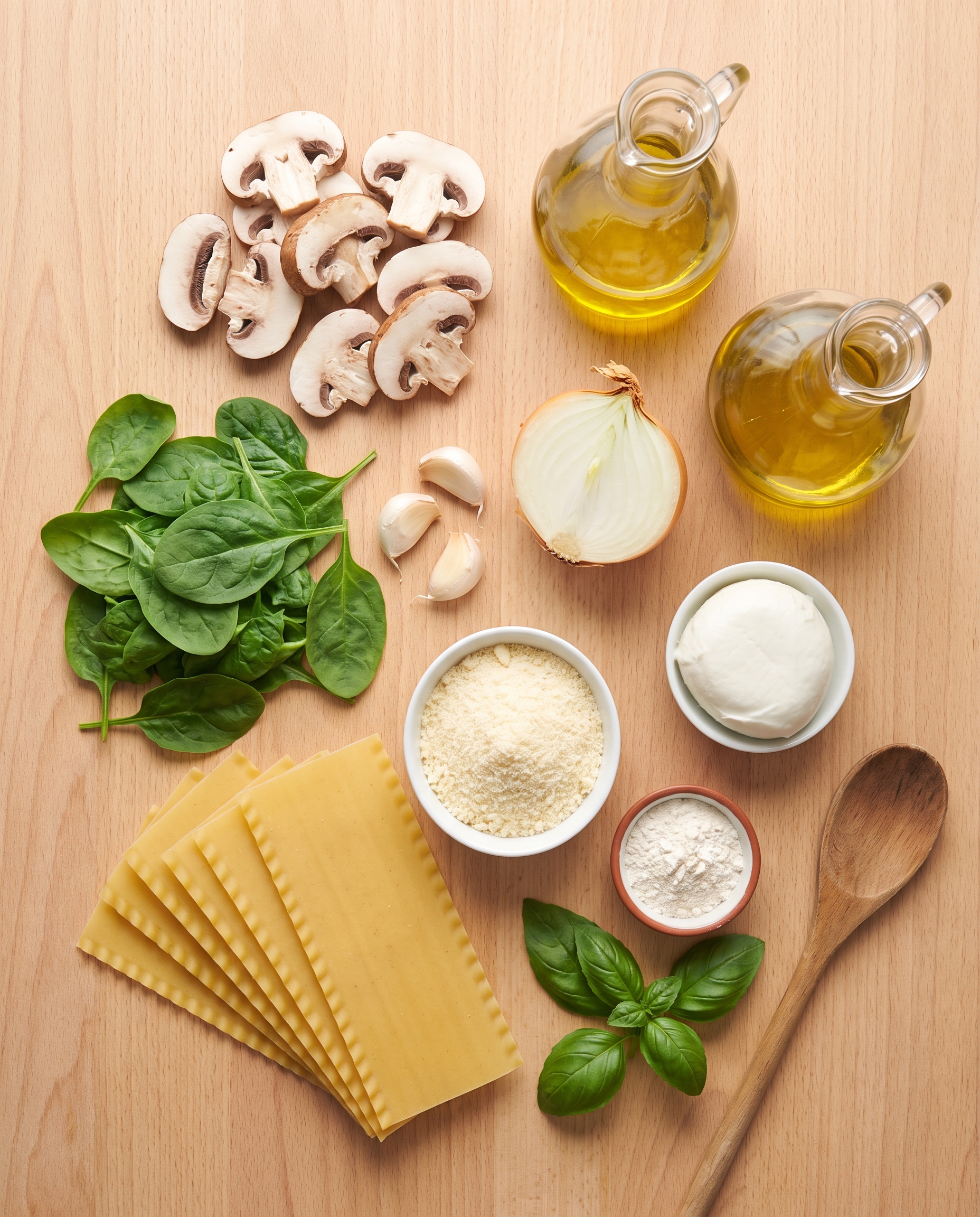 Ingredients for creamy mushroom spinach lasagna on a wooden surface