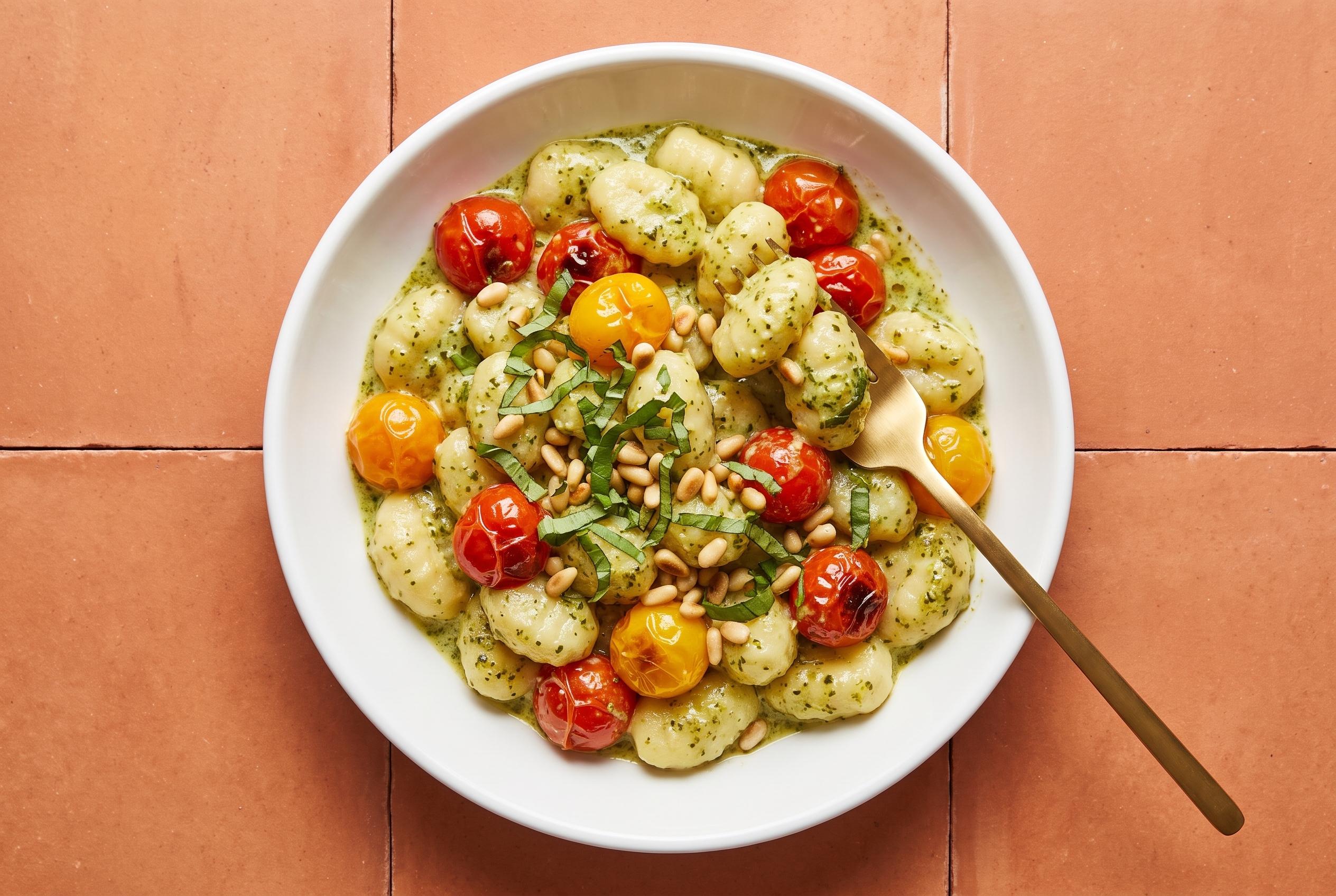 Overhead view of creamy pesto gnocchi in a white ceramic bowl on a terracotta tile surface