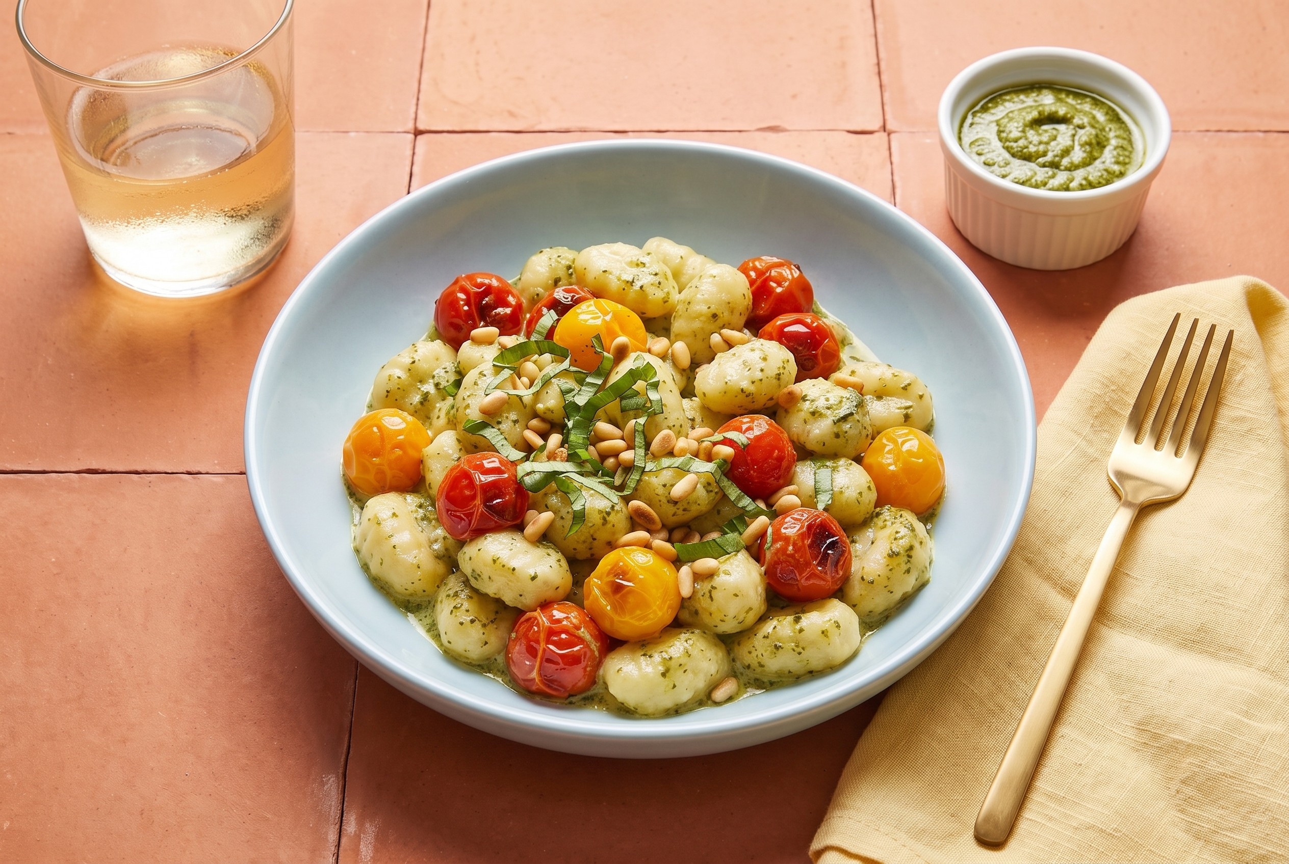 Creamy pesto gnocchi with cherry tomatoes served in a pale blue bowl on a terracotta tile surface