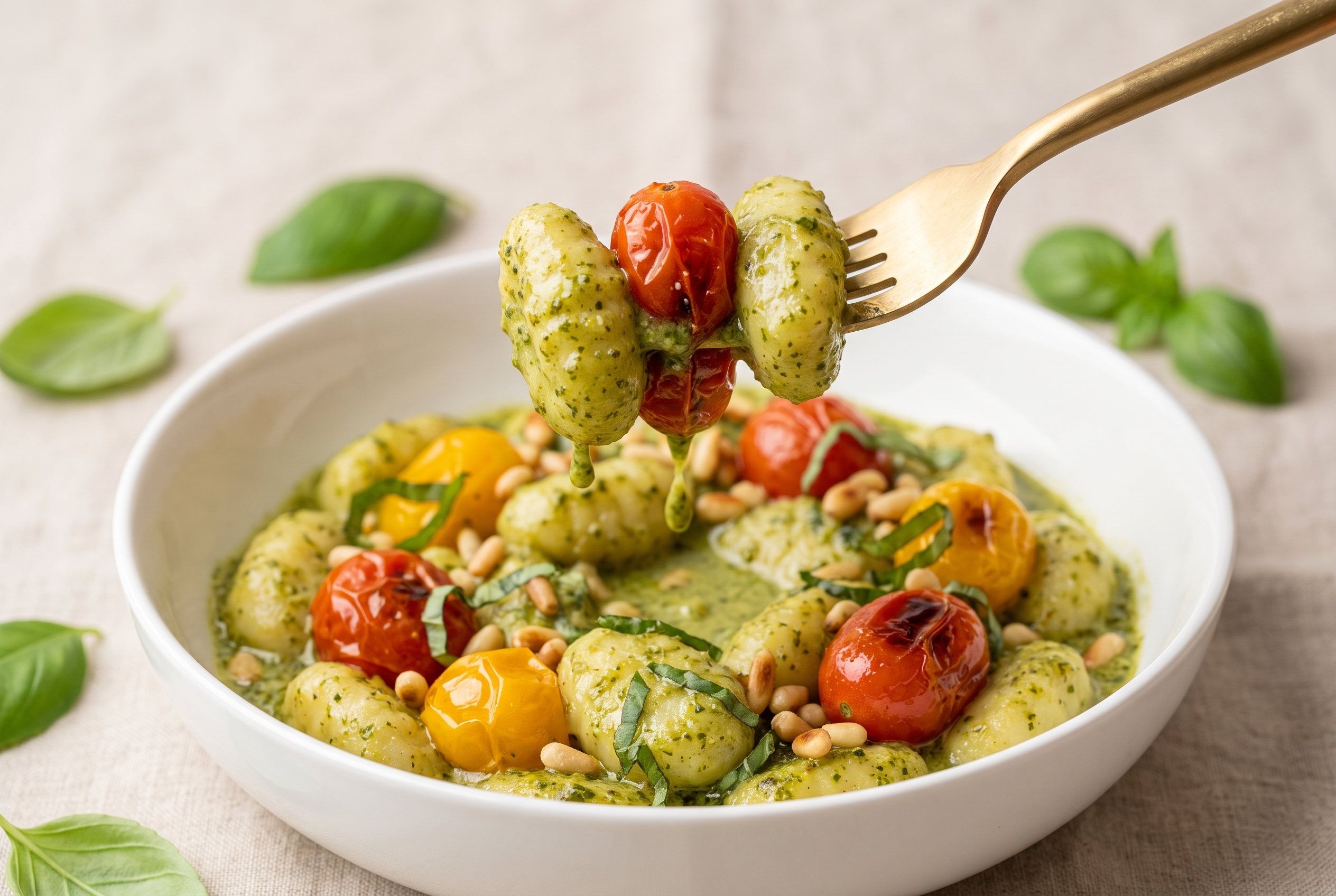 Close-up of a brass fork lifting pesto-coated gnocchi with a blistered cherry tomato from a white bowl