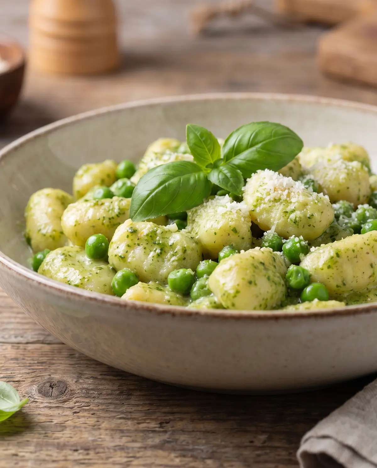 Creamy Pesto Gnocchi from a low angle