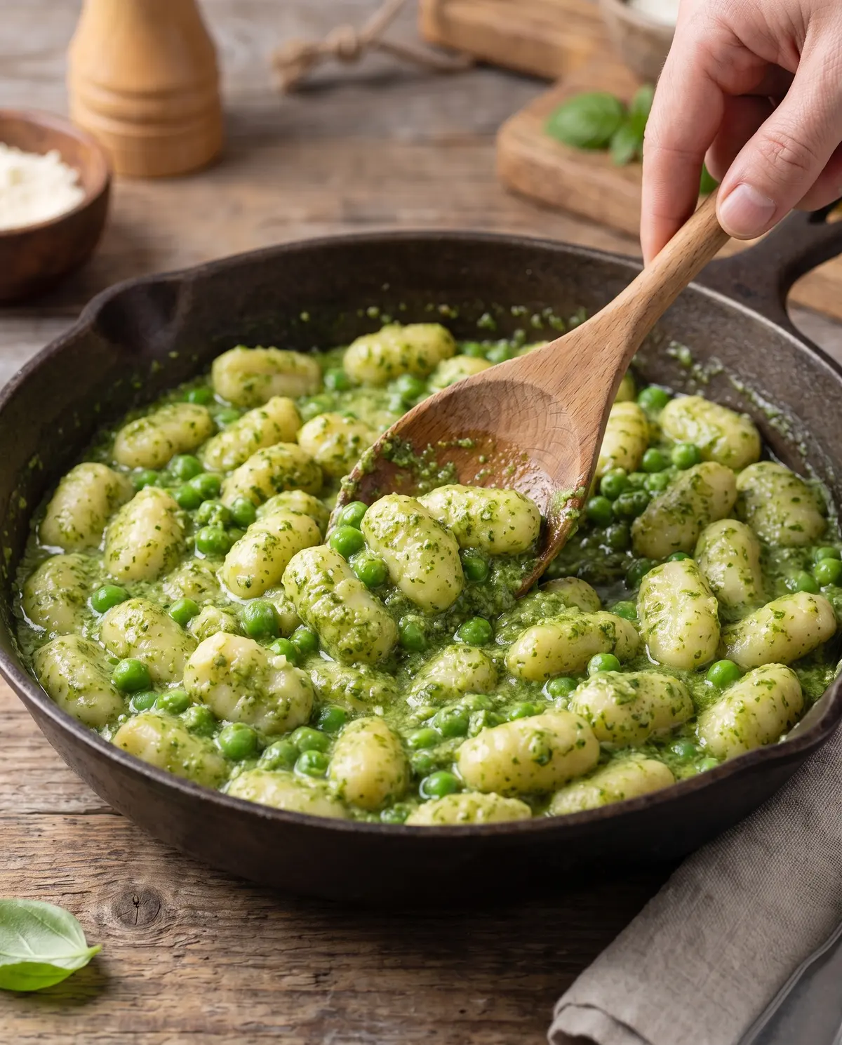 Stirring pesto gnocchi