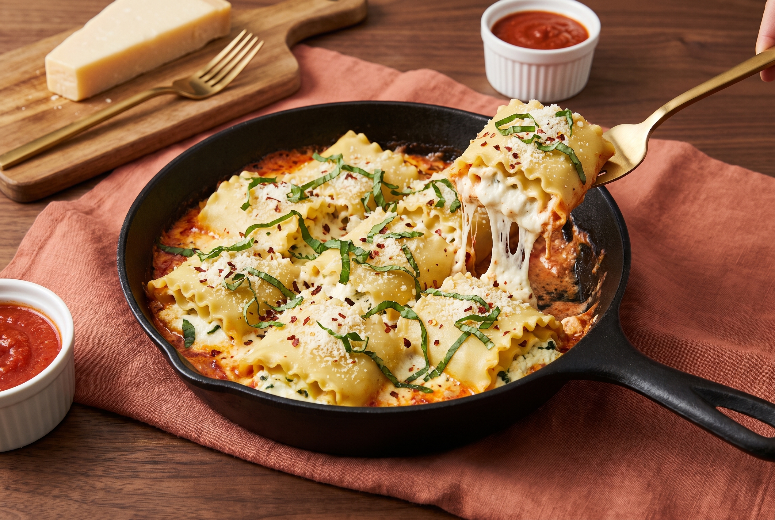 Creamy pesto lasagna roll-ups in a black cast iron skillet with basil and parmesan