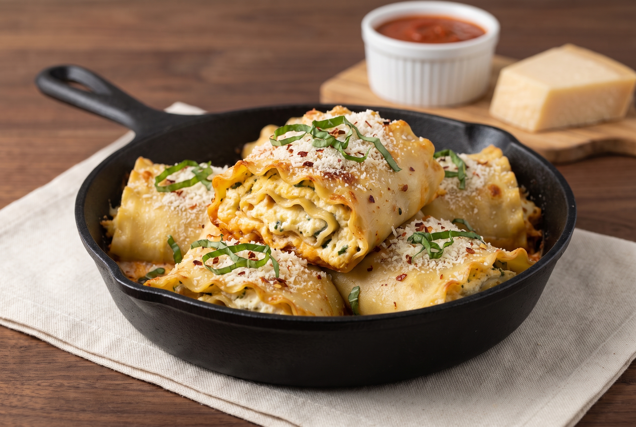 Side view of creamy pesto lasagna roll-ups in a black cast iron skillet