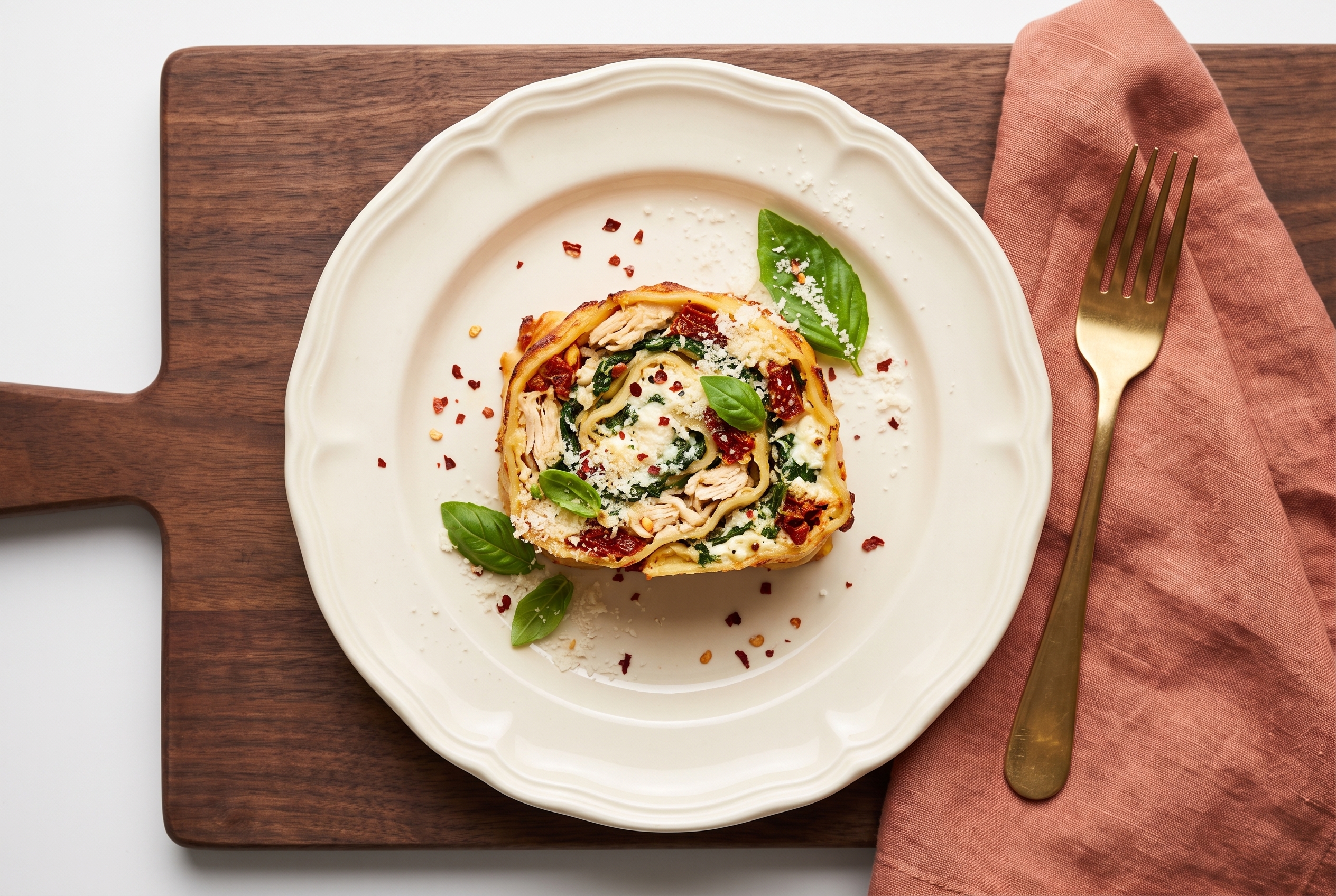 Single lasagna roll-up on a cream ceramic plate with basil and parmesan