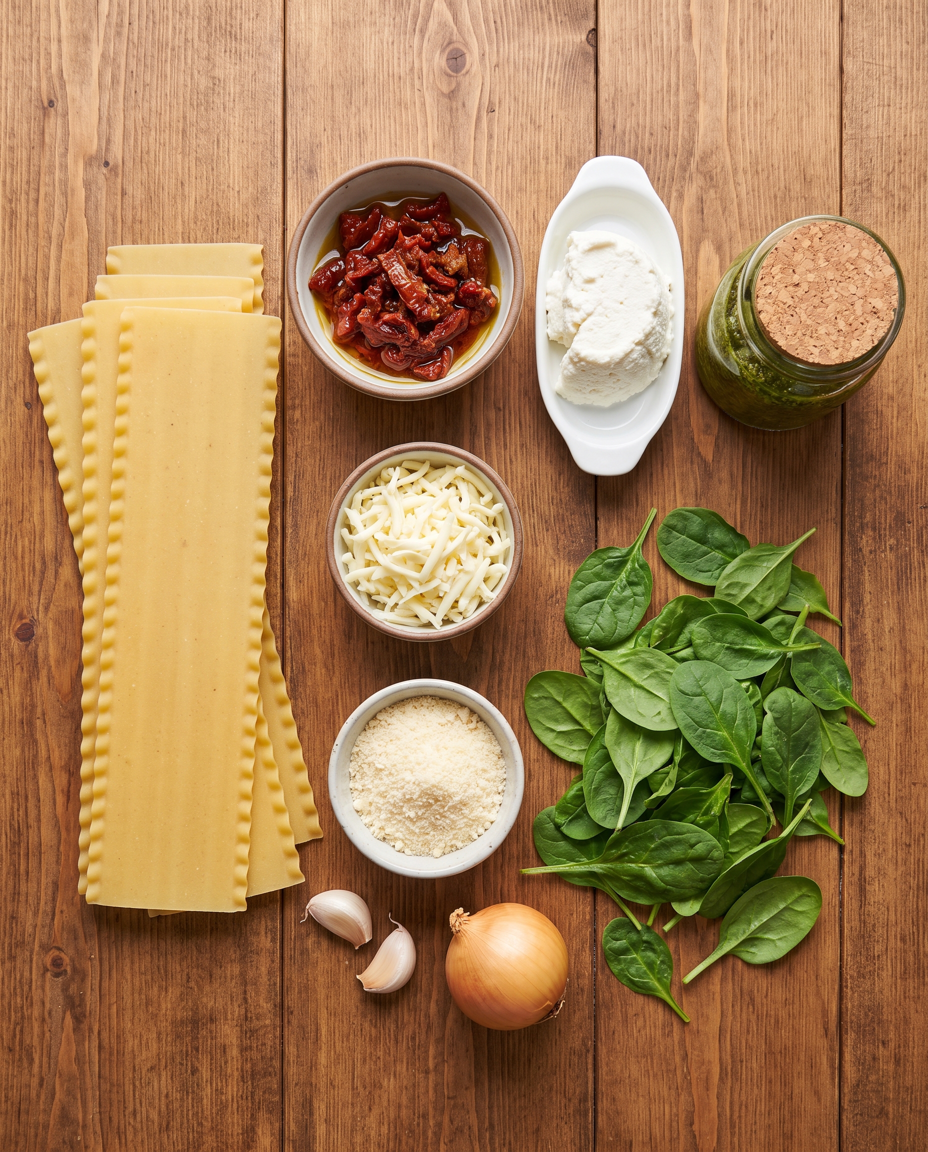 Ingredients for creamy pesto lasagna roll-ups arranged on a wooden table
