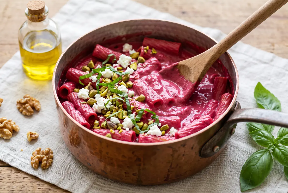Creamy roasted beet and goat cheese rigatoni pasta in a copper saucepan with basil and pistachios
