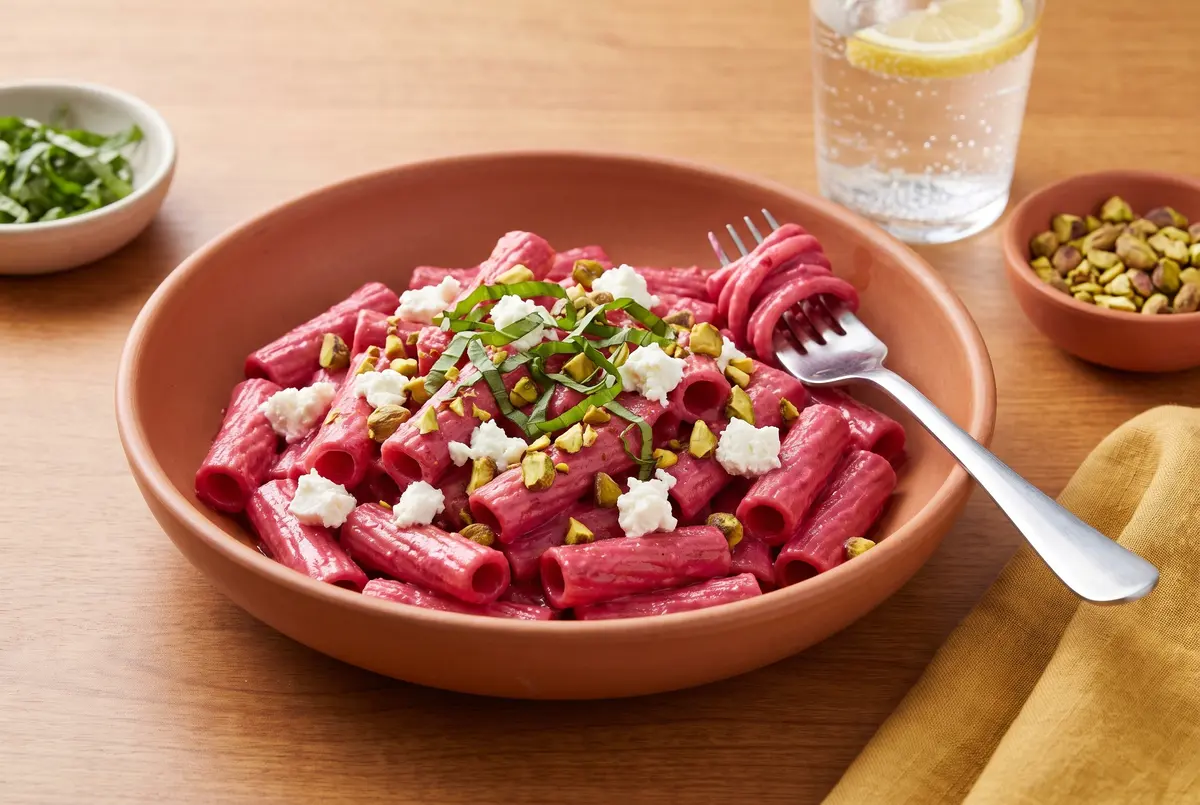 Single portion of creamy beet and goat cheese rigatoni in a terracotta bowl with a fork
