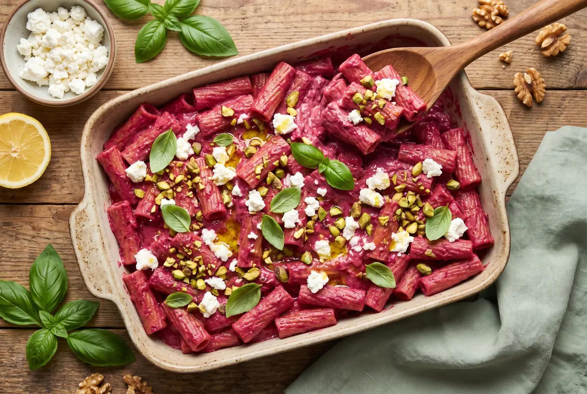 Family-style creamy beet and goat cheese rigatoni in a baking dish on a wooden table