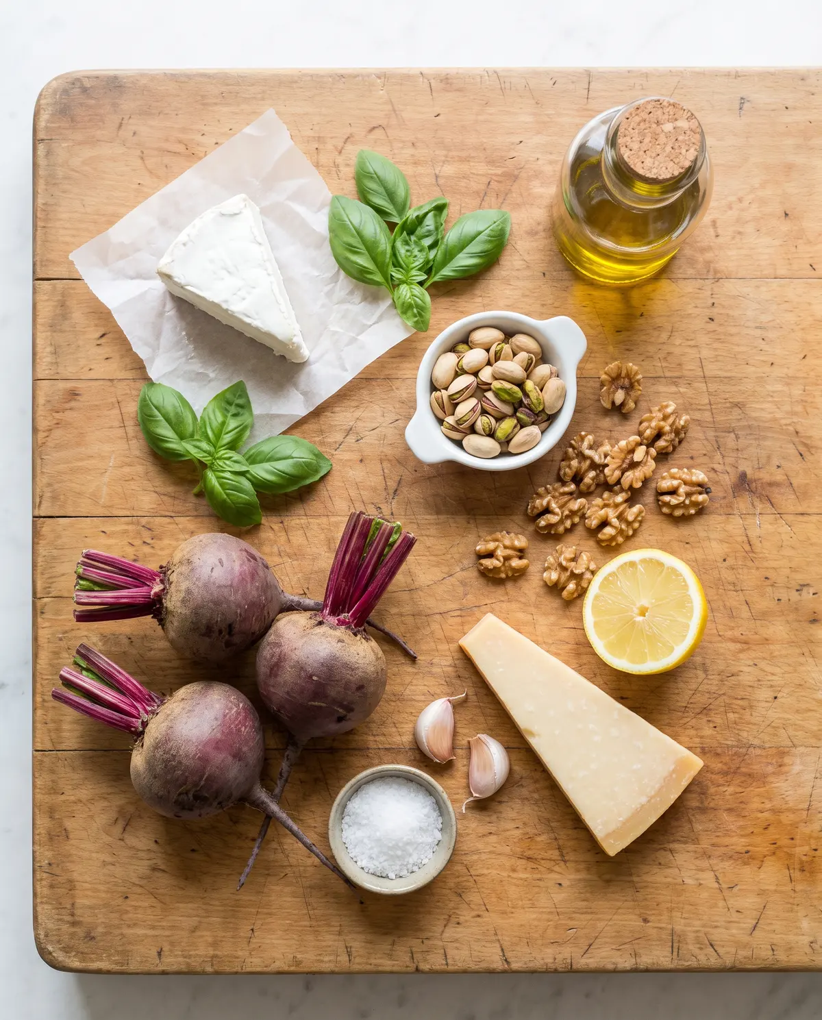 Ingredients for creamy beet and goat cheese pasta on a wooden cutting board