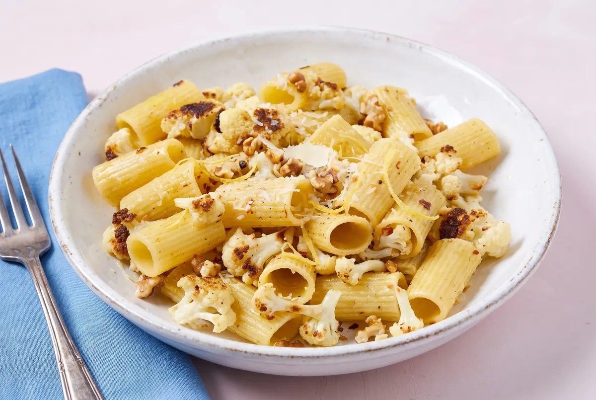 Creamy roasted garlic cauliflower pasta in a ceramic bowl