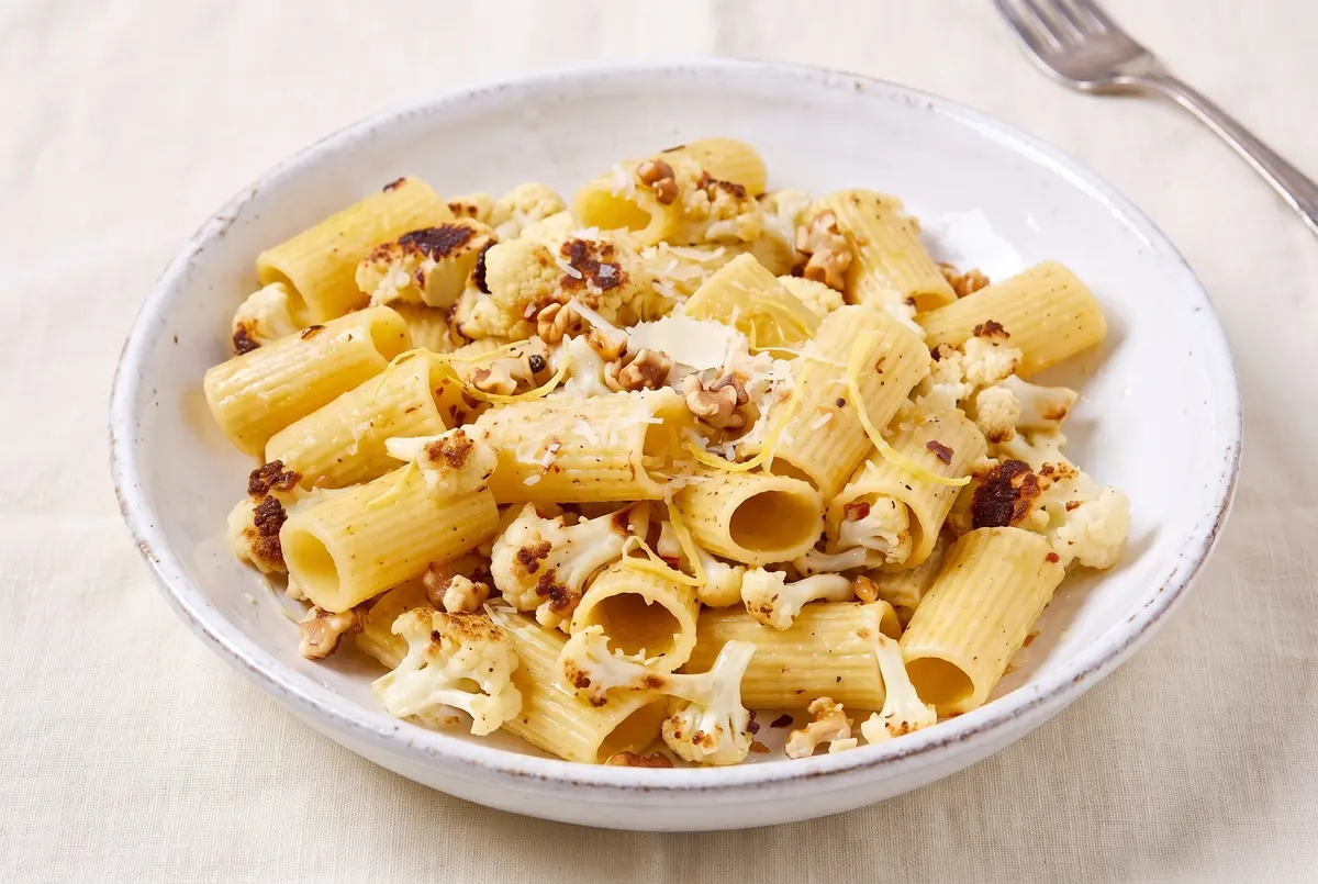 Close-up of creamy roasted garlic cauliflower pasta from a side angle