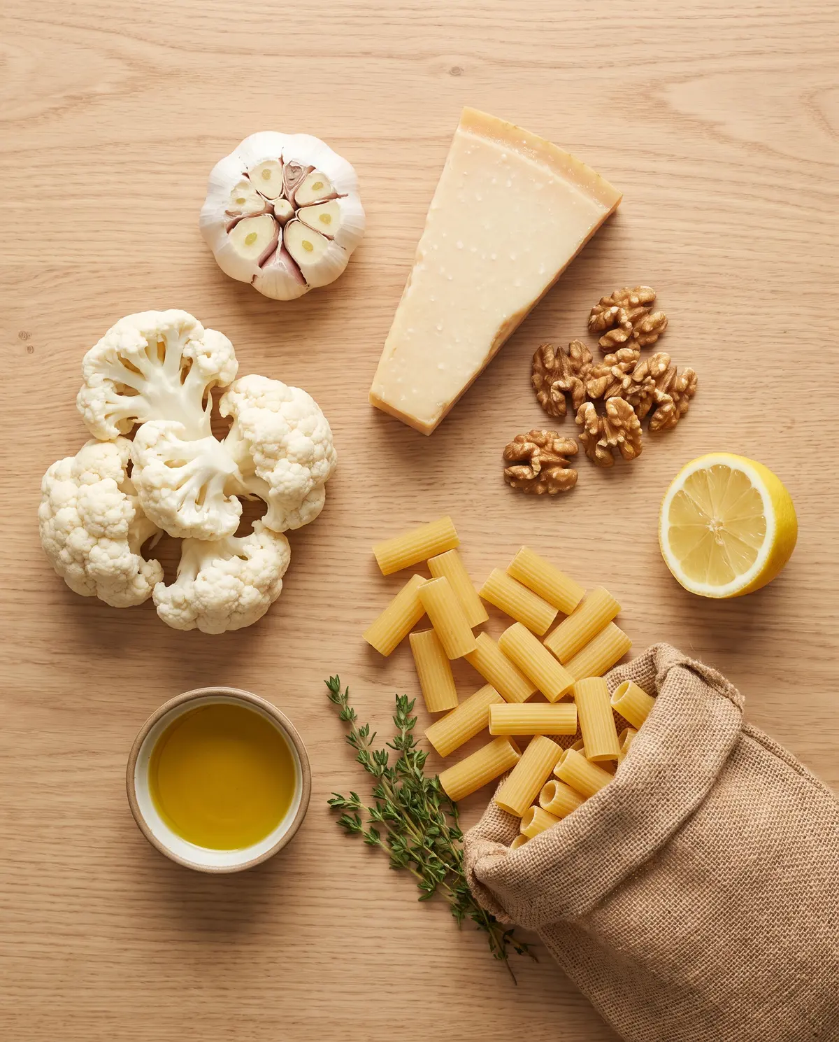 Ingredients for creamy roasted garlic cauliflower pasta laid out on a wood table
