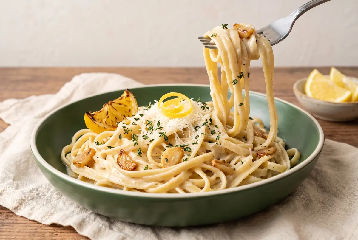 Creamy roasted garlic and white wine linguine in a green bowl