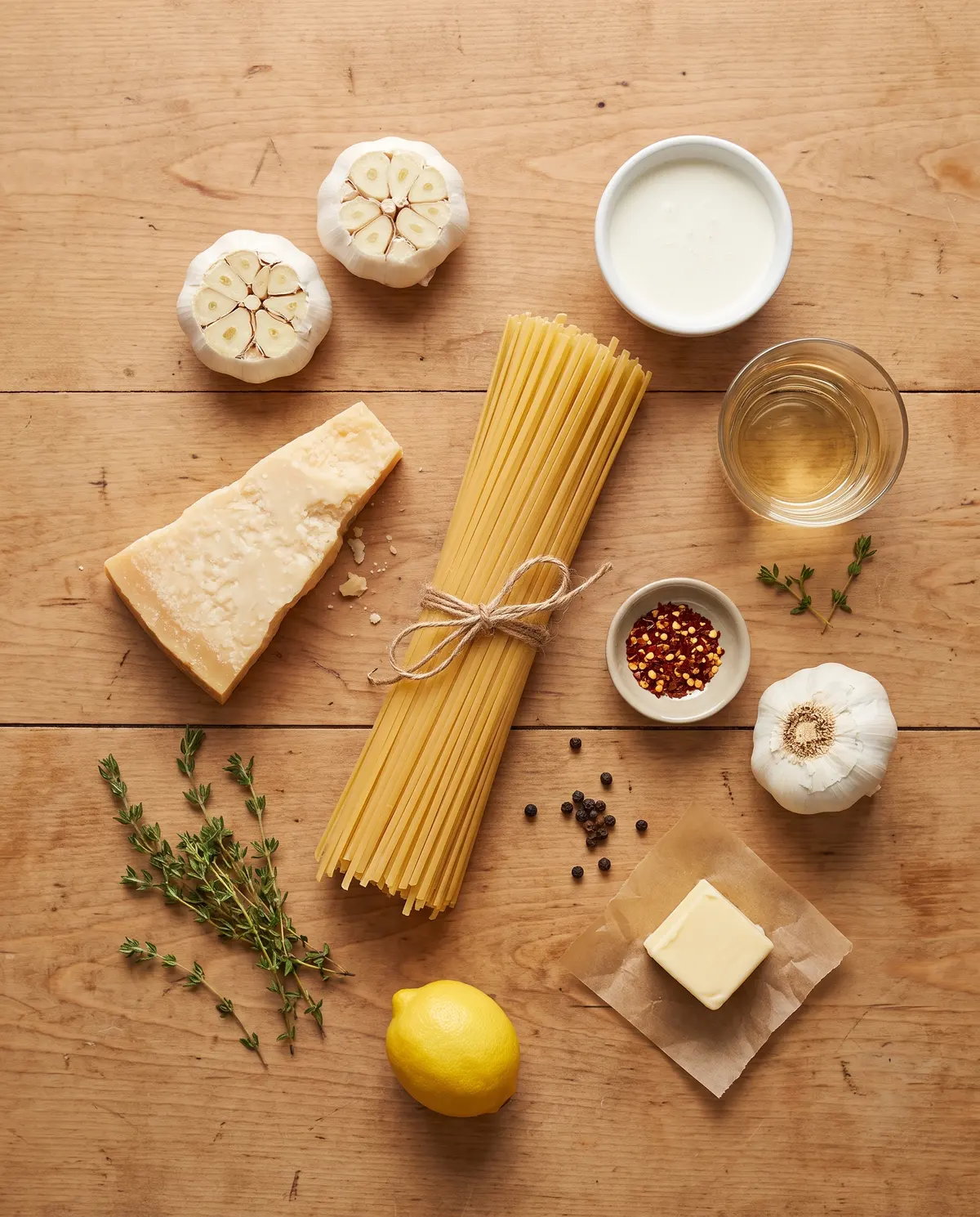 Ingredients for creamy roasted garlic white wine linguine arranged on a wood table