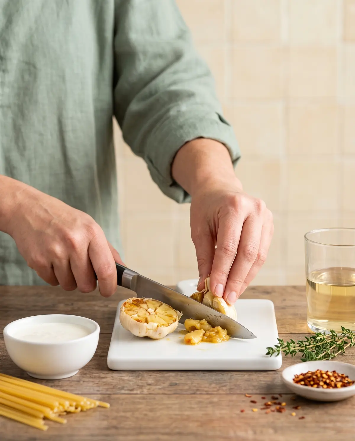 Process shot of squeezing roasted garlic for the linguine